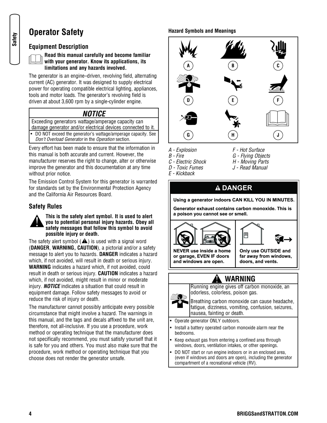 Briggs & Stratton 030209-2 manual Operator Safety, Equipment Description, Safety Rules, Hazard Symbols and Meanings 