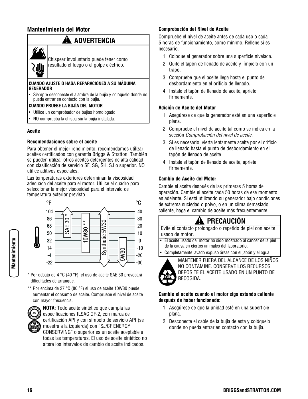 Briggs & Stratton 030209-2 Mantenimiento del Motor, Aceite Recomendaciones sobre el aceite, Adición de Aceite del Motor 