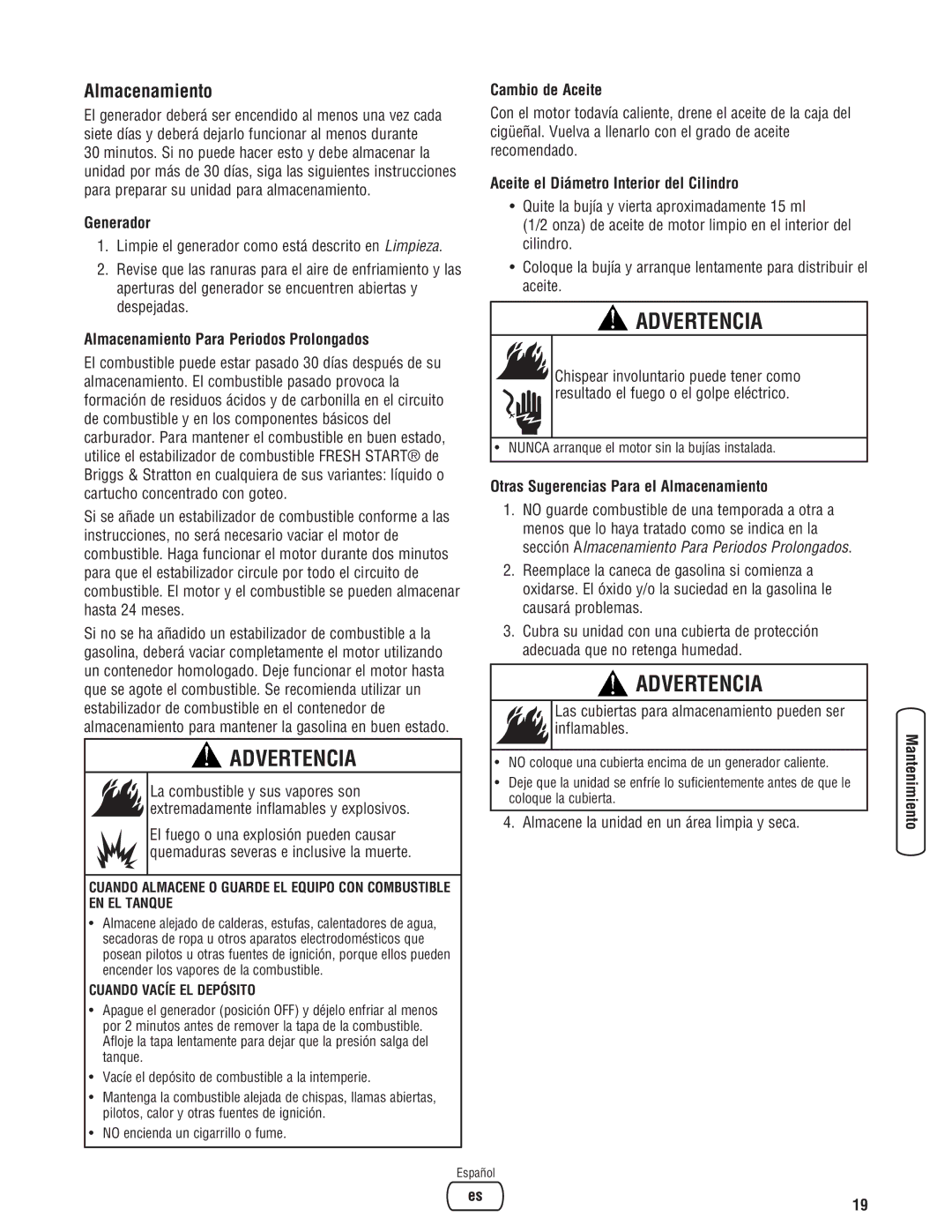 Briggs & Stratton 030209-2 manual Almacenamiento 