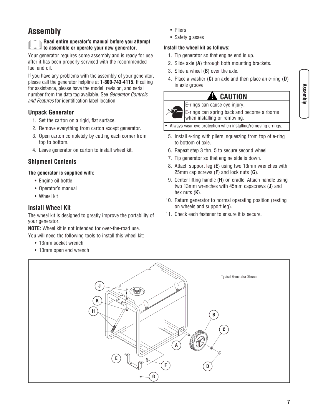 Briggs & Stratton 030209-2 manual Assembly, Unpack Generator, Shipment Contents, Install Wheel Kit 