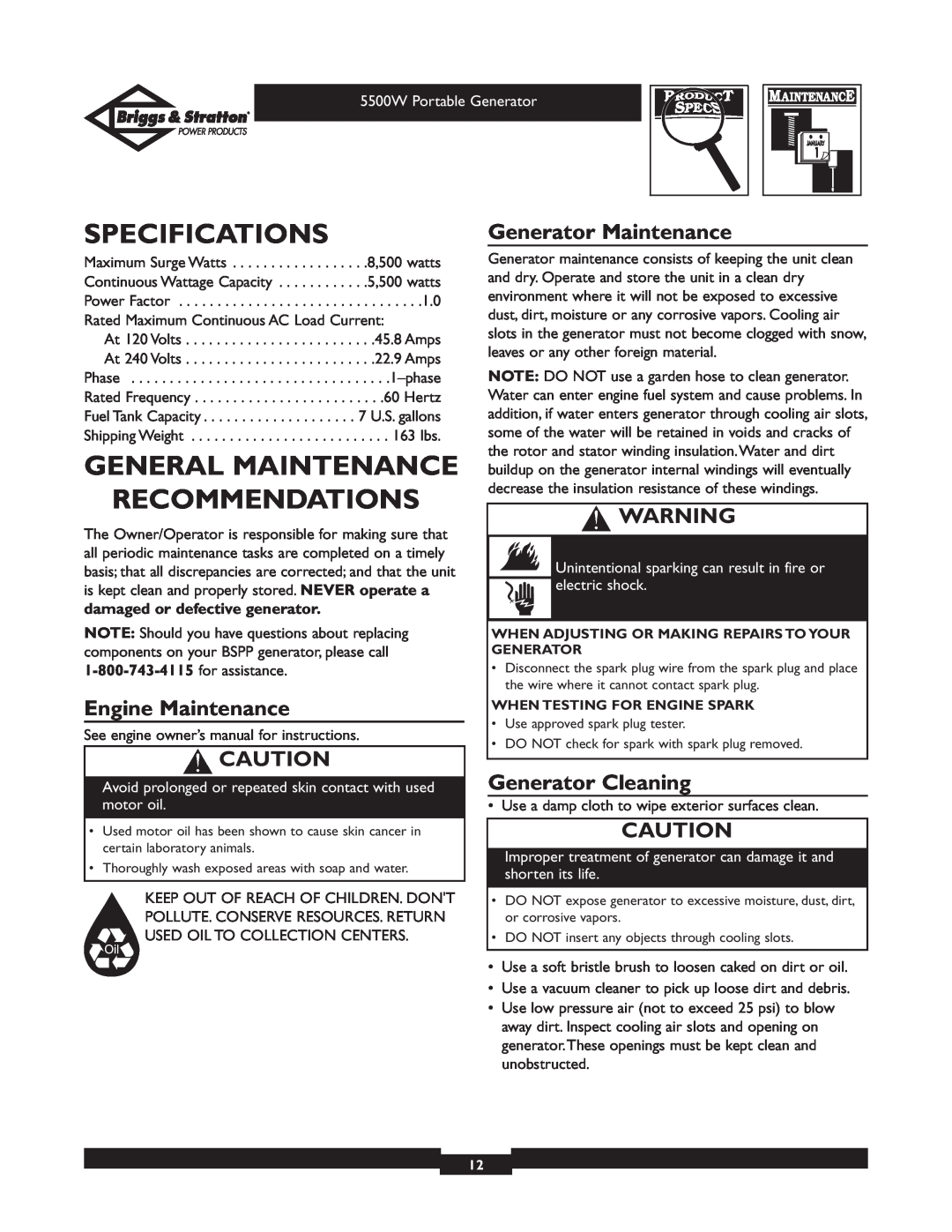 Briggs & Stratton 030209 Specifications, General Maintenance Recommendations, Engine Maintenance, Generator Maintenance 