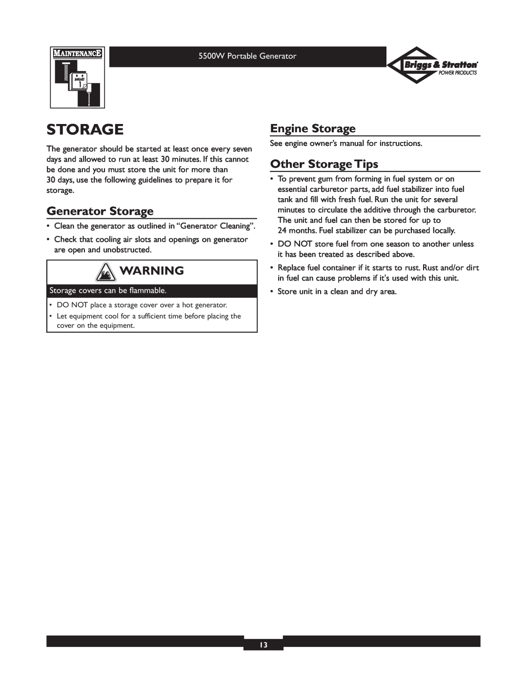 Briggs & Stratton 030209 Generator Storage, Engine Storage, Other Storage Tips, Storage covers can be flammable 