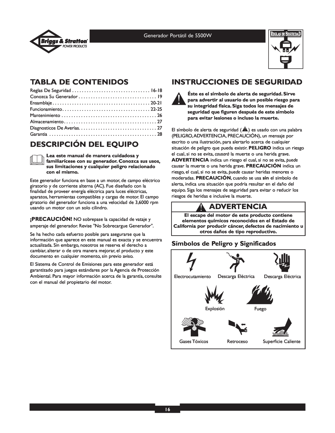 Briggs & Stratton 030209 owner manual Tabla De Contenidos, Descripción Del Equipo, Instrucciones De Seguridad, Advertencia 