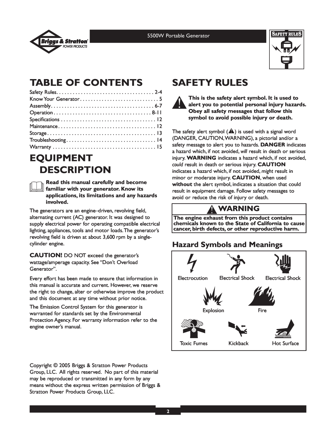 Briggs & Stratton 030209 owner manual Table Of Contents, Equipment Description, Safety Rules, Hazard Symbols and Meanings 