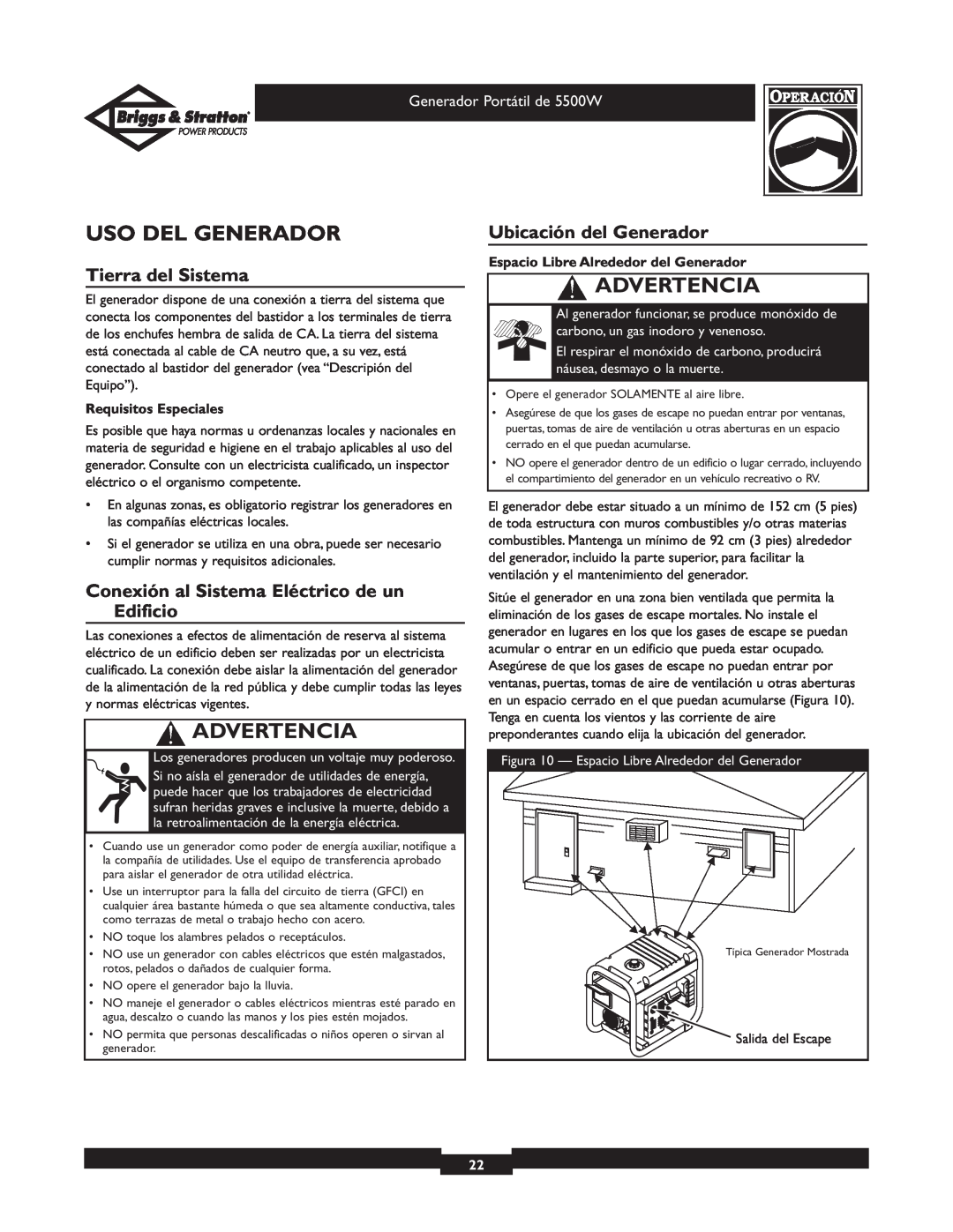 Briggs & Stratton 030209 owner manual Uso Del Generador, Tierra del Sistema, Ubicación del Generador, Advertencia 