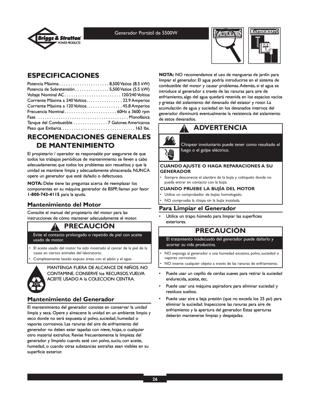 Briggs & Stratton 030209 Especificaciones, Recomendaciones Generales De Mantenimiento, Mantenimiento del Motor, Precaución 