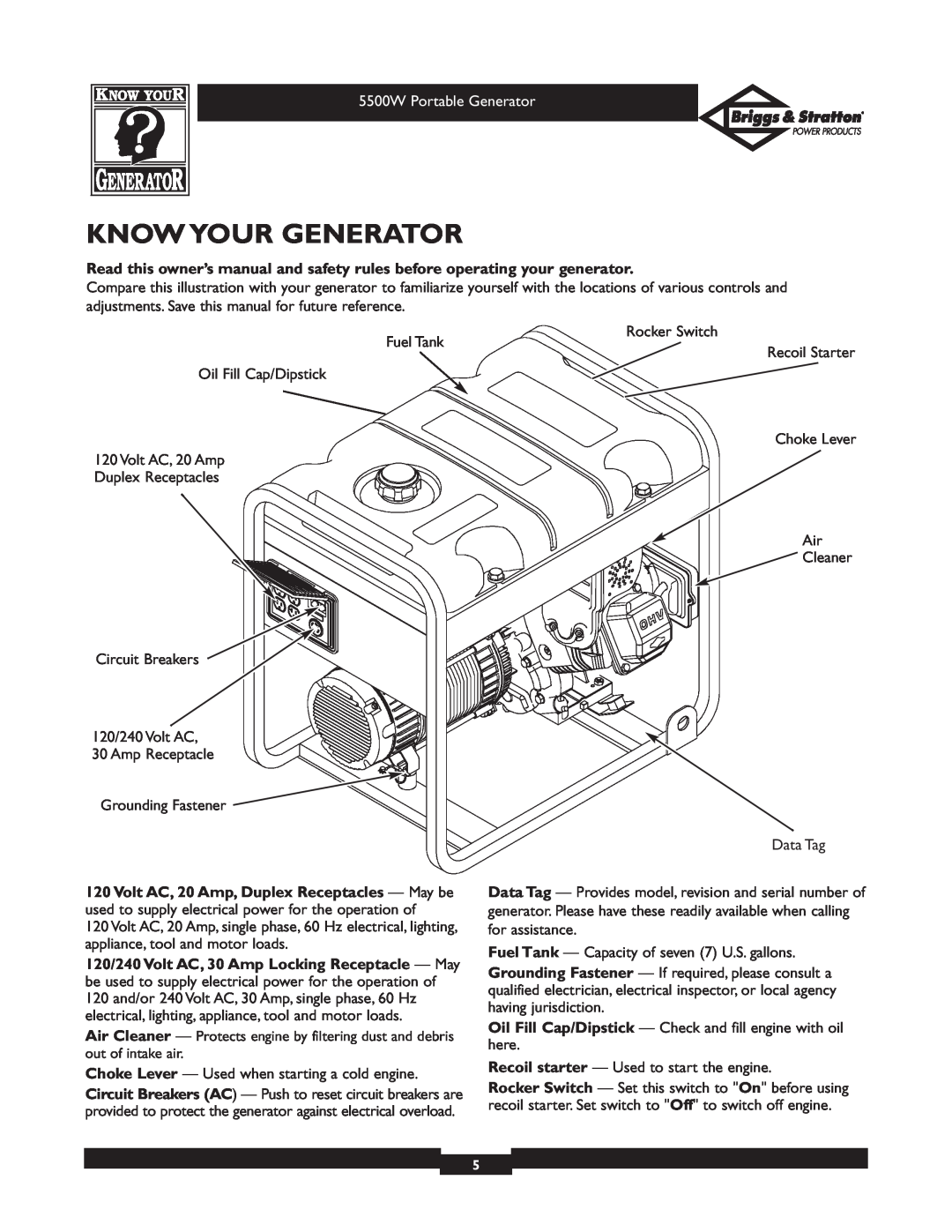 Briggs & Stratton 030209 owner manual Know Your Generator, 5500W Portable Generator 