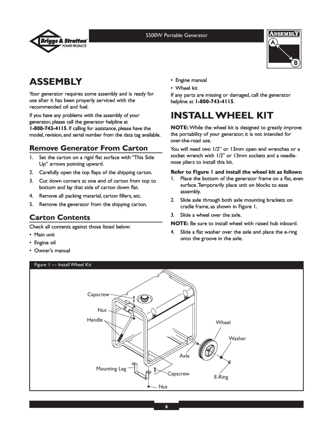 Briggs & Stratton 030209 owner manual Assembly, Install Wheel Kit, Remove Generator From Carton, Carton Contents 