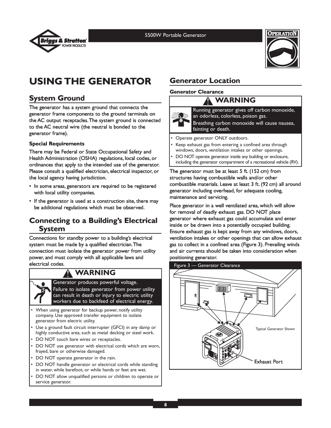 Briggs & Stratton 030209 owner manual Using The Generator, System Ground, Connecting to a Building’s Electrical System 