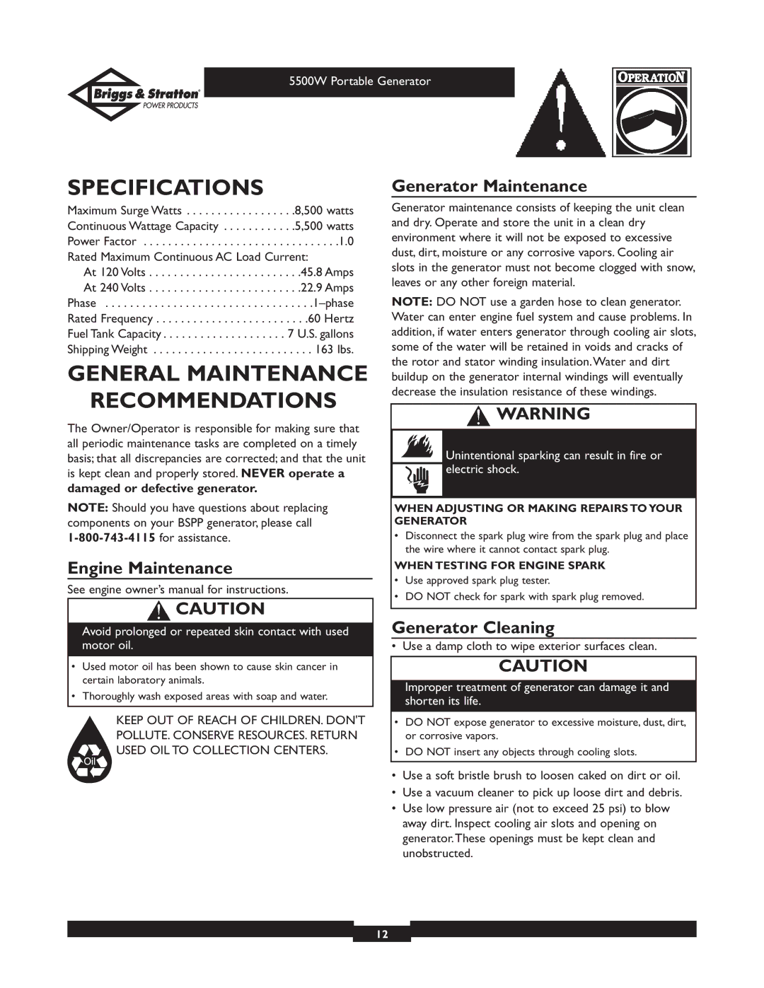 Briggs & Stratton 030209 Specifications, General Maintenance Recommendations, Engine Maintenance, Generator Maintenance 