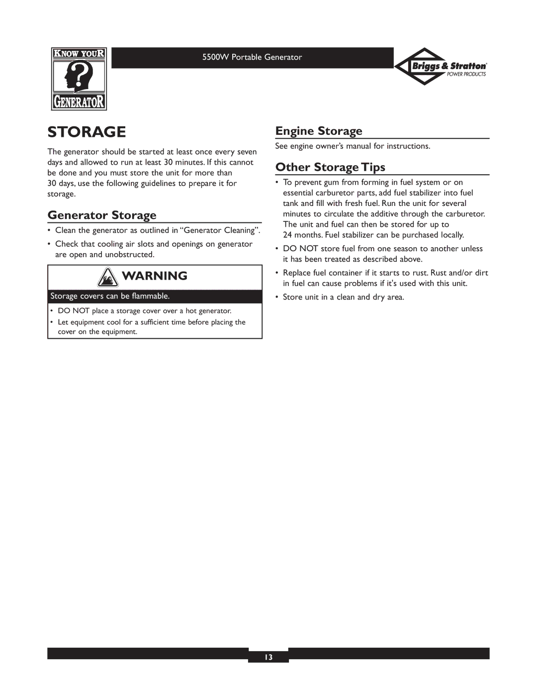 Briggs & Stratton 030209 owner manual Generator Storage, Engine Storage Other Storage Tips 