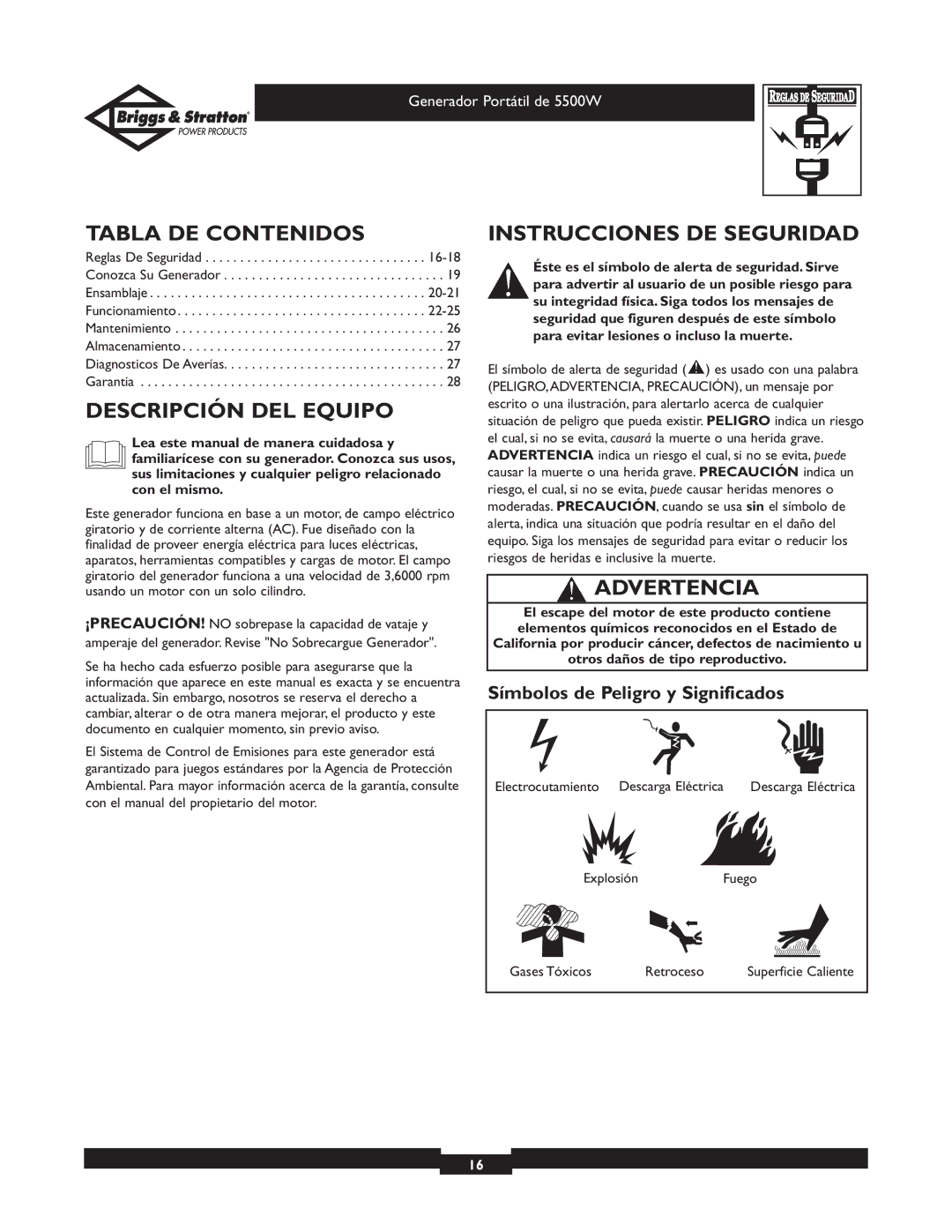 Briggs & Stratton 030209 owner manual Tabla DE Contenidos, Descripción DEL Equipo, Instrucciones DE Seguridad, Advertencia 