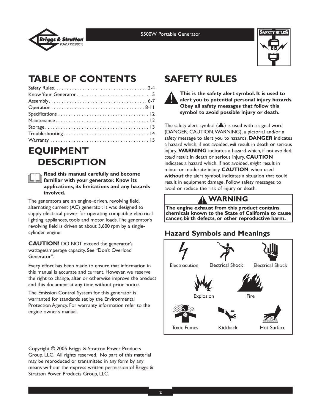 Briggs & Stratton 030209 owner manual Table of Contents, Equipment Description, Safety Rules 