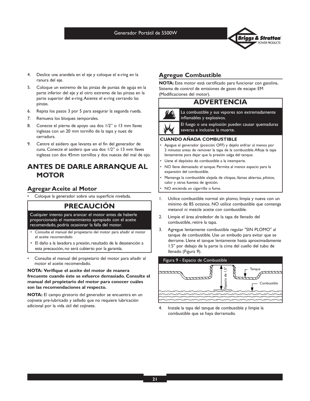 Briggs & Stratton 030209 owner manual Antes DE Darle Arranque AL Motor, Agregar Aceite al Motor, Agregue Combustible 