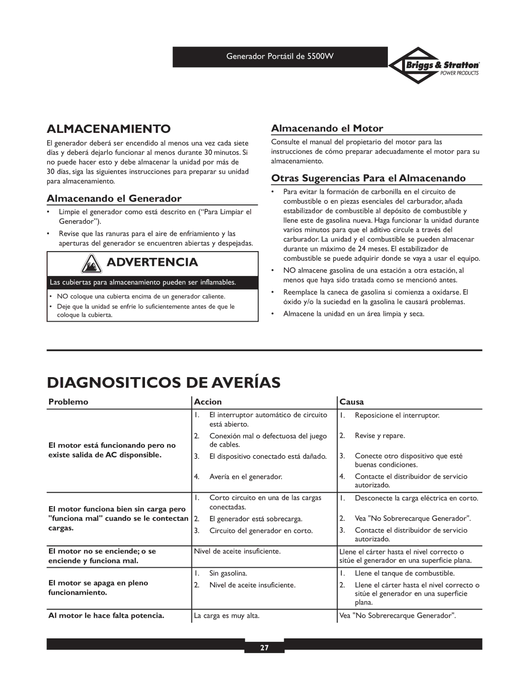 Briggs & Stratton 030209 Diagnositicos DE Averías, Almacenamiento, Almacenando el Generador, Almacenando el Motor 