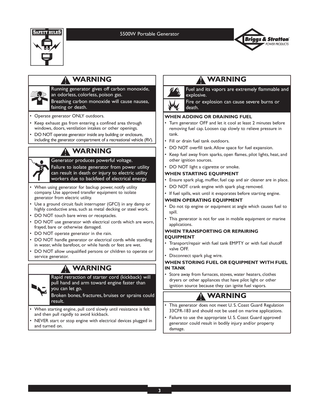 Briggs & Stratton 030209 owner manual When Adding or Draining Fuel, When Starting Equipment, When Operating Equipment 