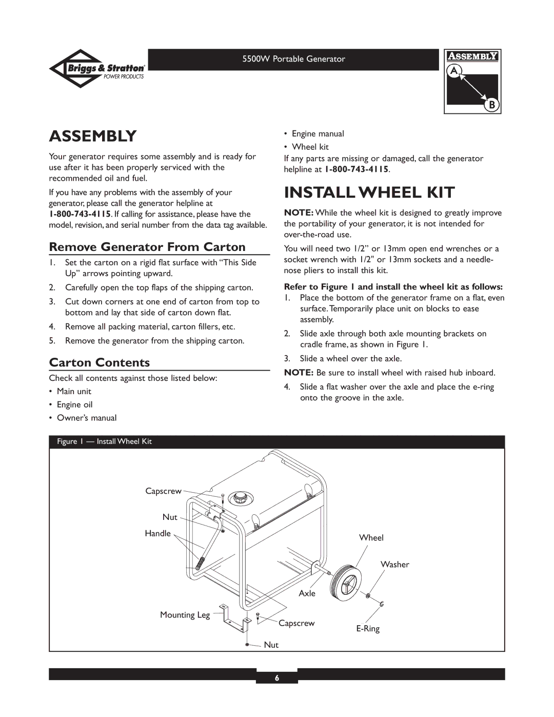 Briggs & Stratton 030209 owner manual Assembly, Install Wheel KIT, Remove Generator From Carton, Carton Contents 