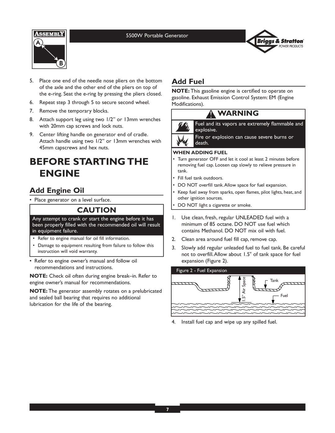 Briggs & Stratton 030209 owner manual Before Starting the Engine, Add Engine Oil, Add Fuel, When Adding Fuel 