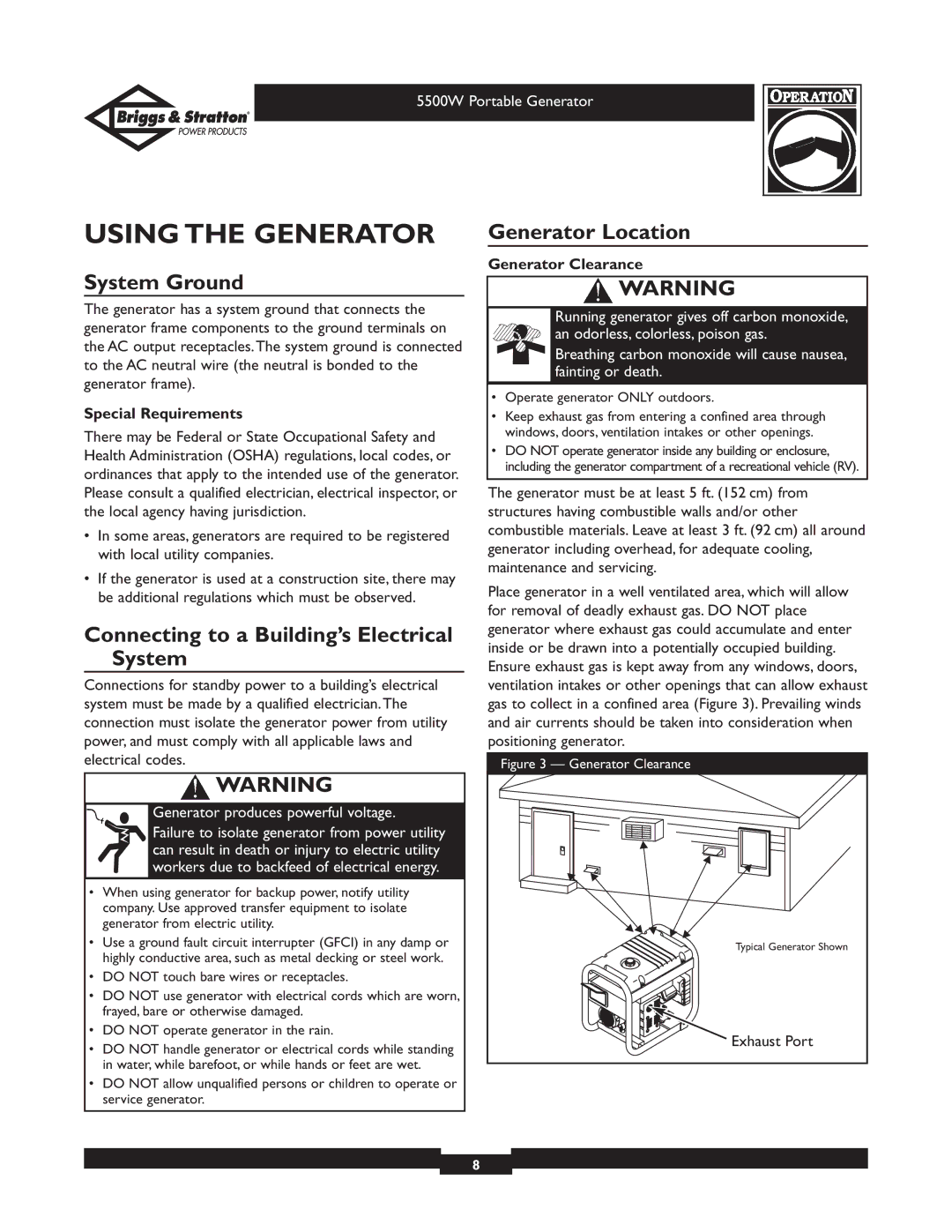 Briggs & Stratton 030209 owner manual Using the Generator, System Ground, Connecting to a Building’s Electrical System 