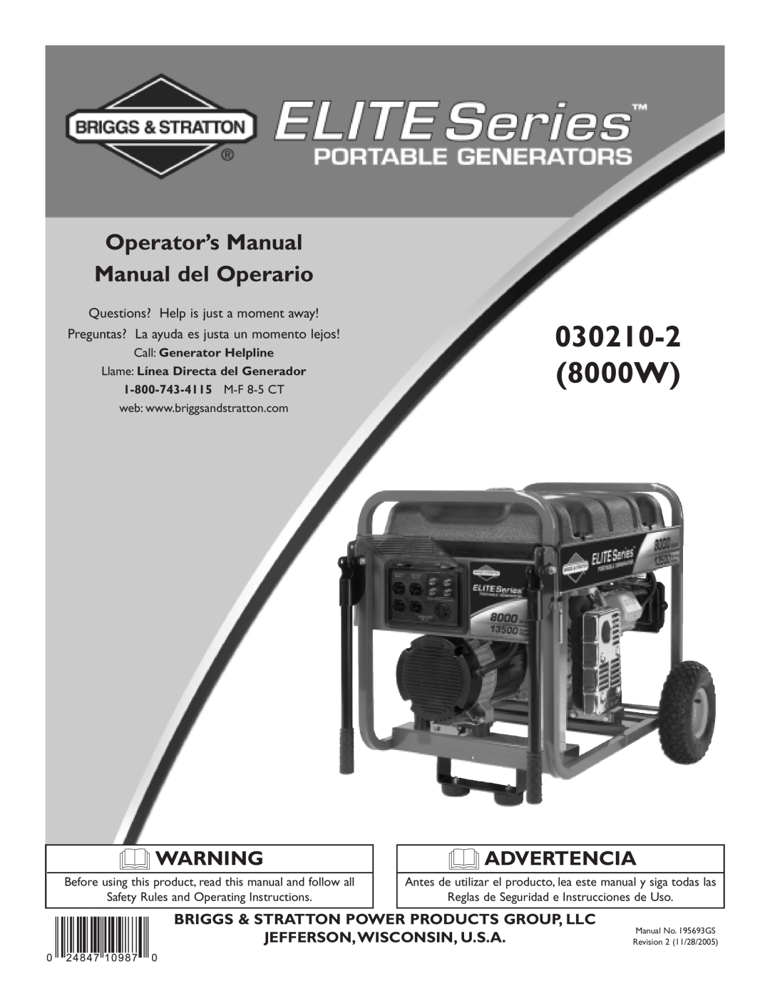 Briggs & Stratton 030210-2 manual Operator’s Manual Manual del Operario, Briggs & Stratton Power Products Group, Llc 