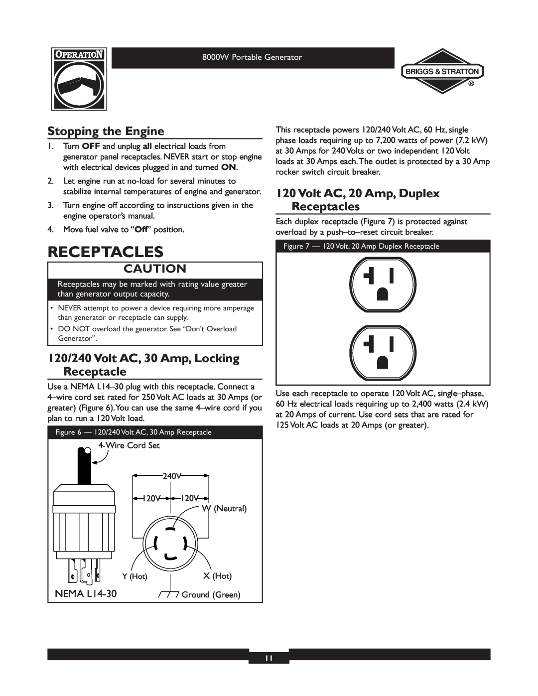 Briggs & Stratton 030210-2 Receptacles, Stopping the Engine, 120/240 Volt AC, 30 Amp, Locking Receptacle, NEMA L14-30 