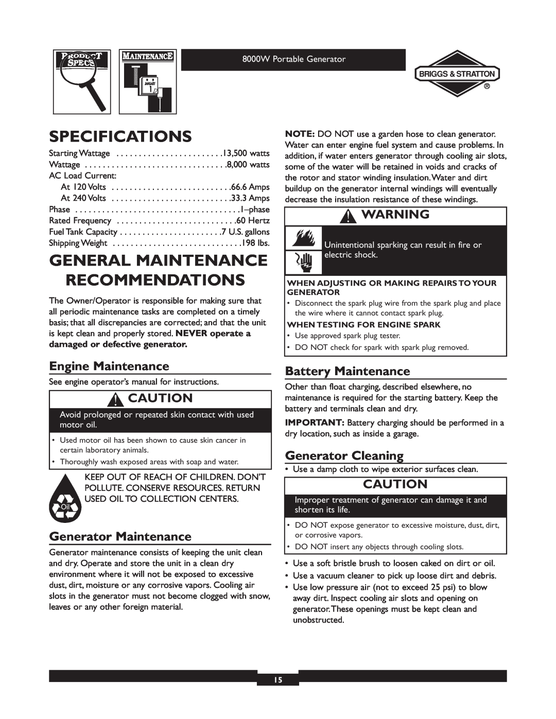 Briggs & Stratton 030210-2 Specifications, General Maintenance Recommendations, Engine Maintenance, Generator Maintenance 