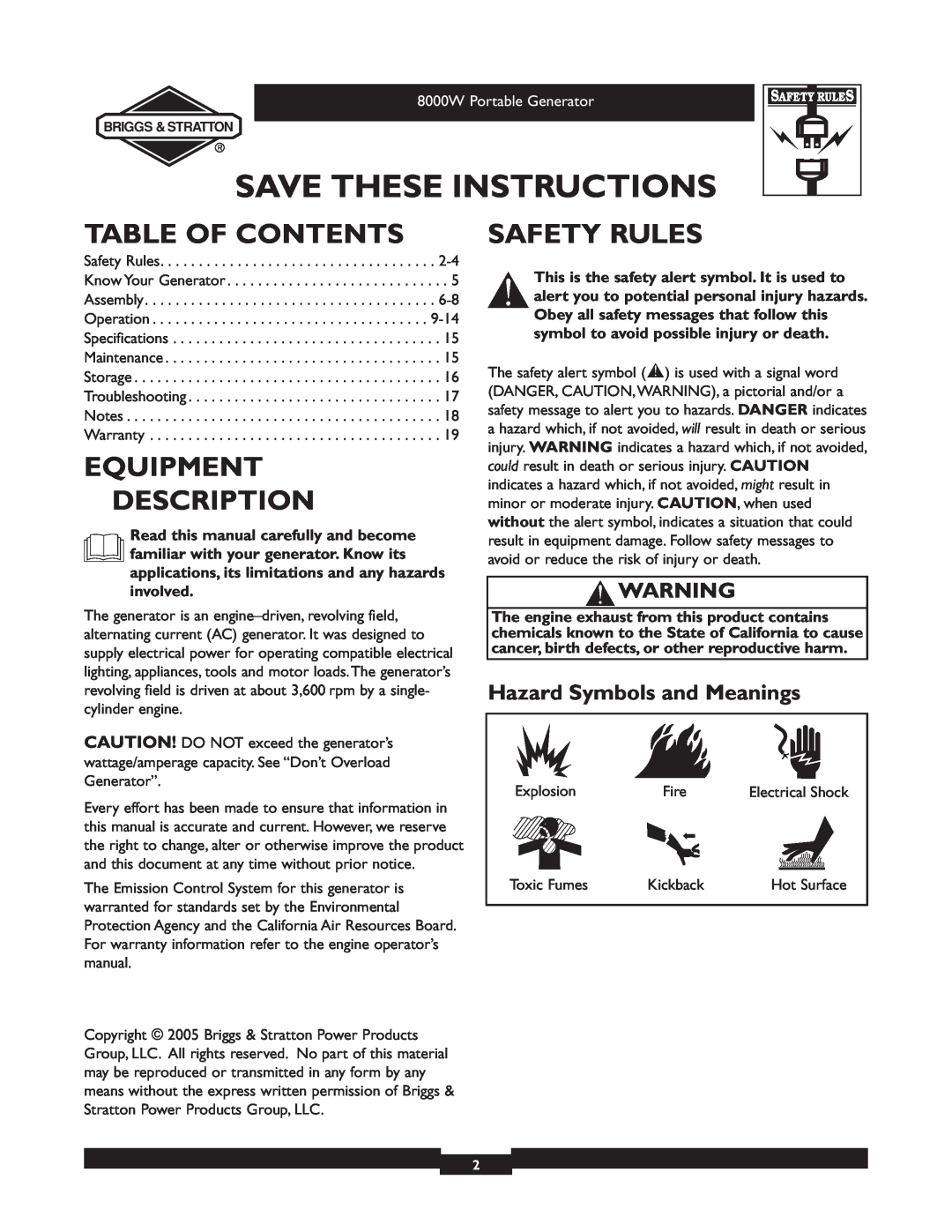 Briggs & Stratton 030210-2 manual Table Of Contents, Equipment Description, Safety Rules, Hazard Symbols and Meanings 