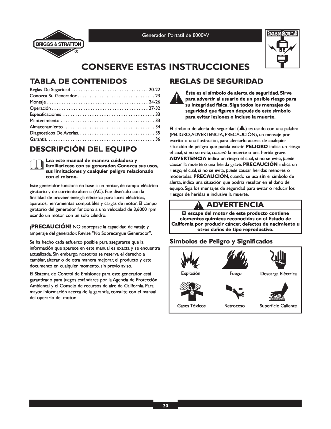 Briggs & Stratton 030210-2 manual Tabla De Contenidos, Descripción Del Equipo, Reglas De Seguridad, Advertencia 