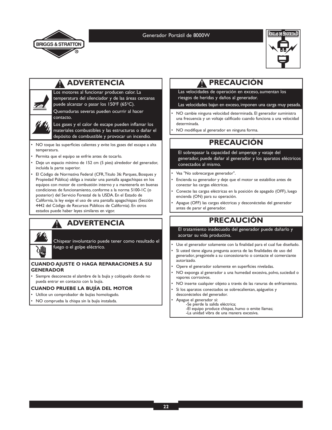 Briggs & Stratton 030210-2 manual Precaución, Advertencia, Generador Portátil de 8000W, Cuando Pruebe La Bujía Del Motor 