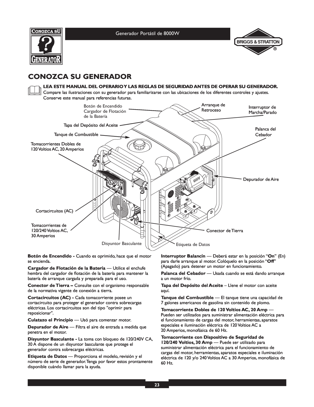 Briggs & Stratton 030210-2 manual Conozca Su Generador, Generador Portátil de 8000W 