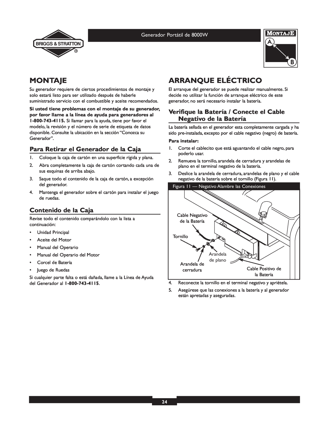 Briggs & Stratton 030210-2 manual Montaje, Arranque Eléctrico, Para Retirar el Generador de la Caja, Contenido de la Caja 