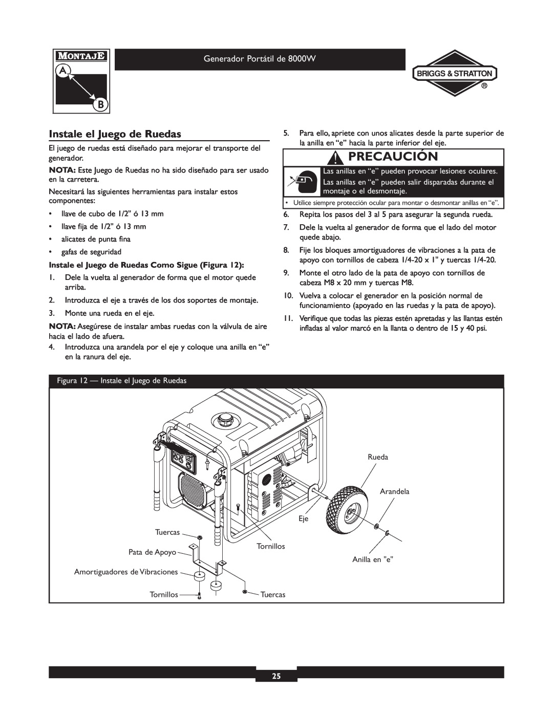 Briggs & Stratton 030210-2 manual Instale el Juego de Ruedas, Precaución, Generador Portátil de 8000W 