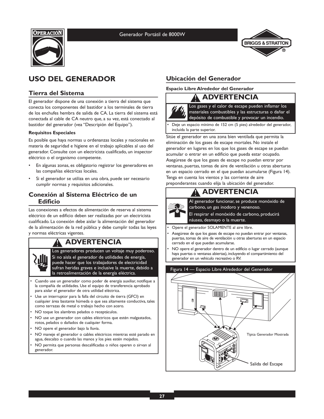Briggs & Stratton 030210-2 manual Uso Del Generador, Tierra del Sistema, Ubicación del Generador, Advertencia 