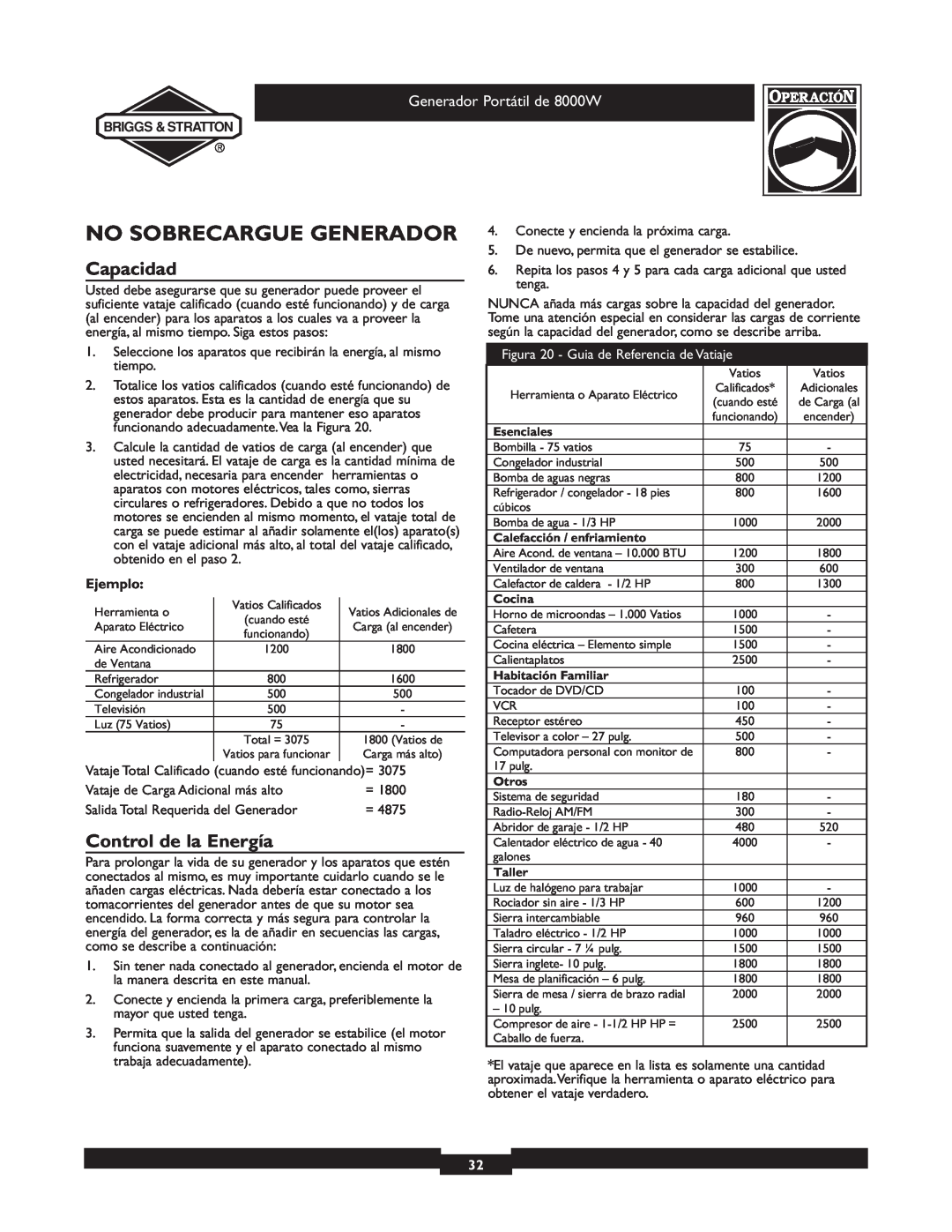 Briggs & Stratton 030210-2 manual No Sobrecargue Generador, Capacidad, Control de la Energía, Generador Portátil de 8000W 