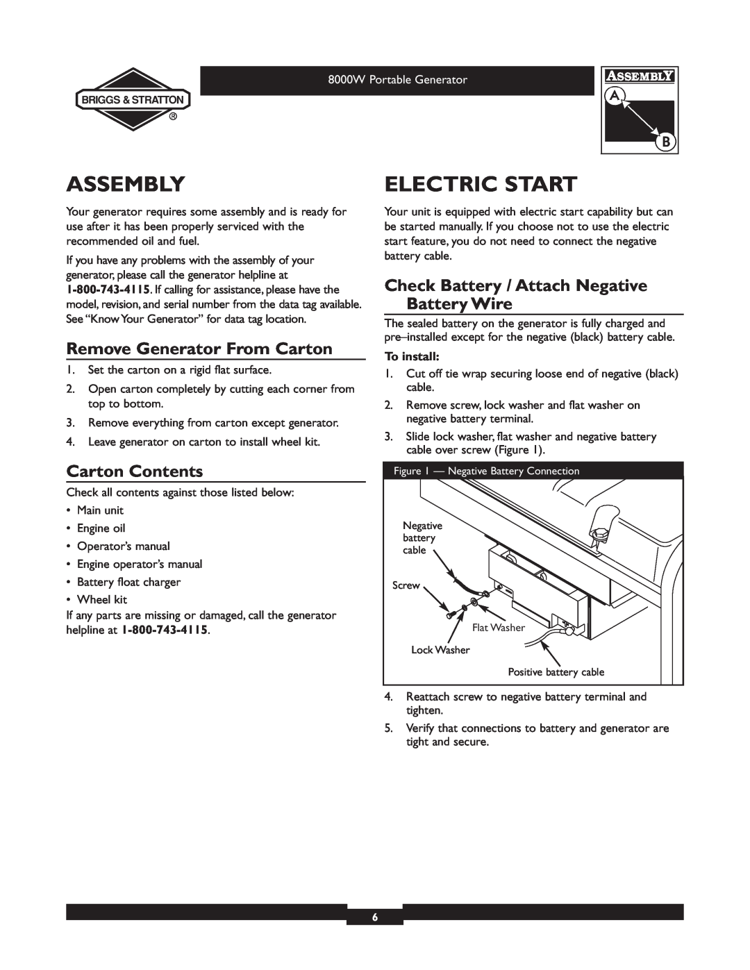 Briggs & Stratton 030210-2 manual Assembly, Electric Start, Remove Generator From Carton, Carton Contents 