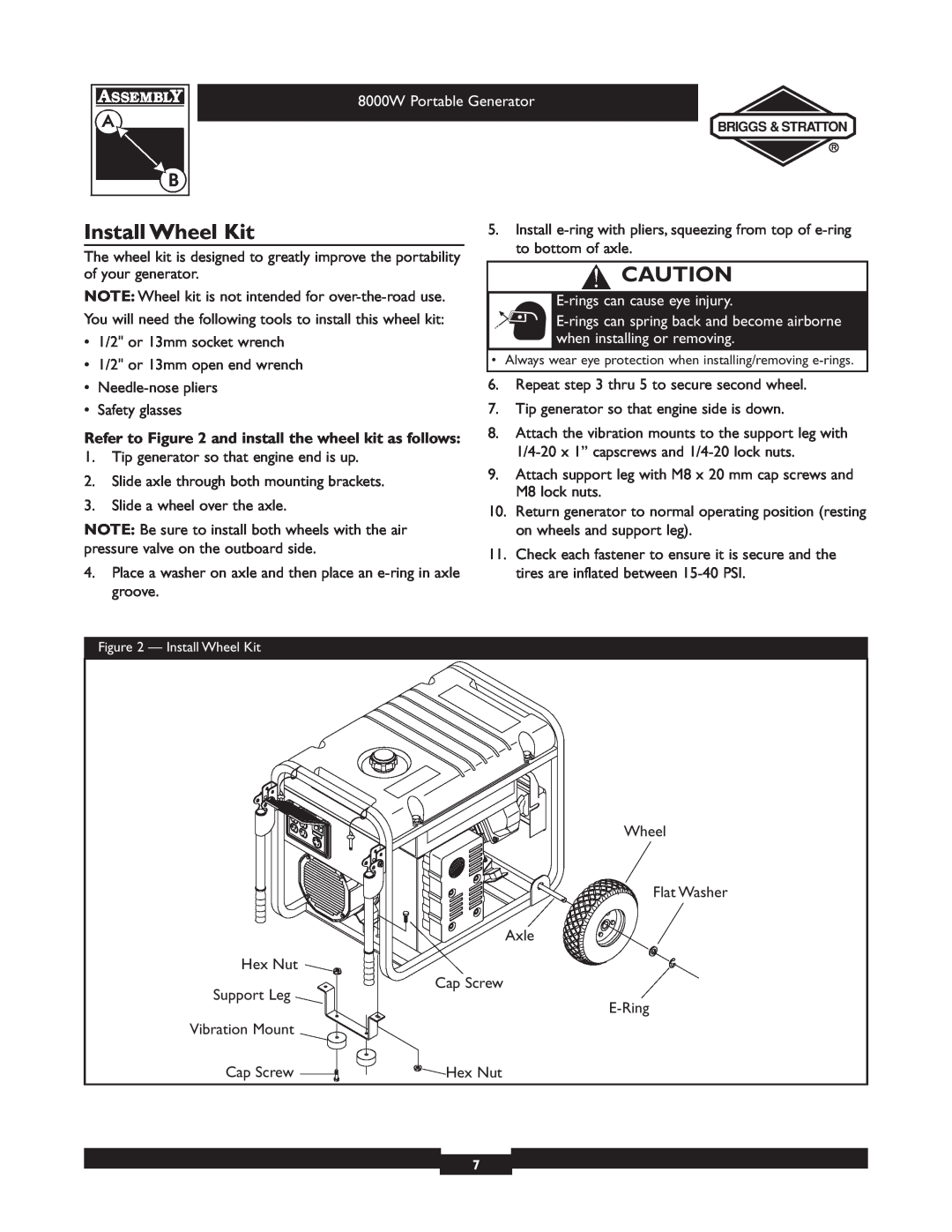 Briggs & Stratton 030210-2 manual Install Wheel Kit, E-rings can cause eye injury, 8000W Portable Generator 