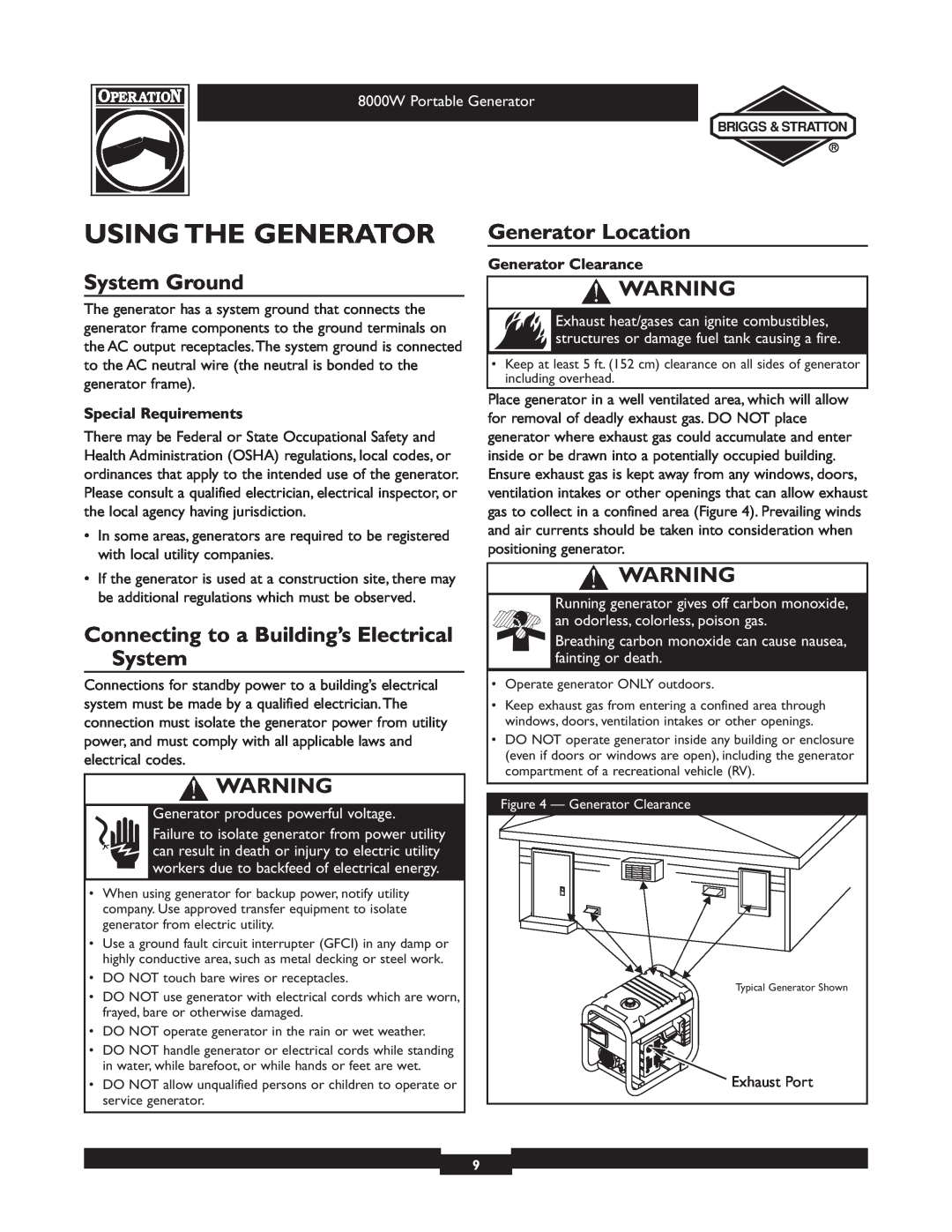 Briggs & Stratton 030210-2 manual Using The Generator, System Ground, Generator Location, 8000W Portable Generator 