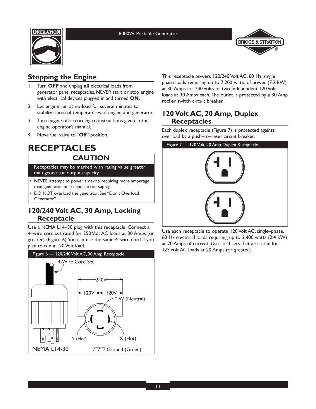 Briggs & Stratton 030210-2 manual Receptacles, Stopping the Engine, 120/240 Volt AC, 30 Amp, Locking Receptacle 