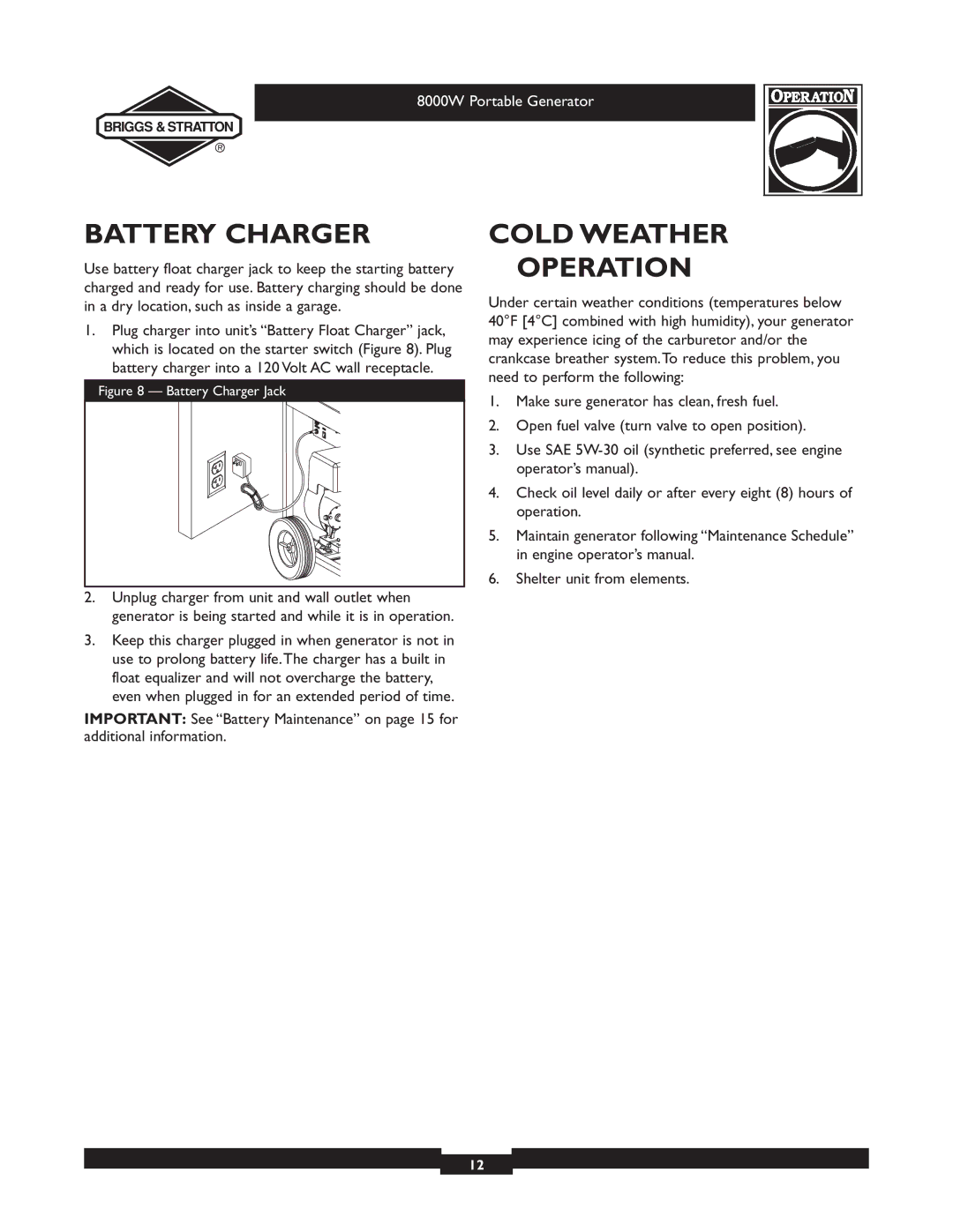 Briggs & Stratton 030210-2 manual Battery Charger, Cold Weather Operation 