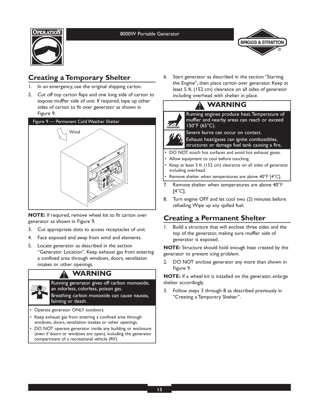 Briggs & Stratton 030210-2 manual Creating a Temporary Shelter, Creating a Permanent Shelter 