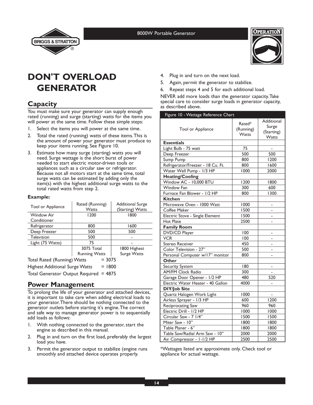 Briggs & Stratton 030210-2 manual Dont Overload Generator, Capacity, Power Management, Example 