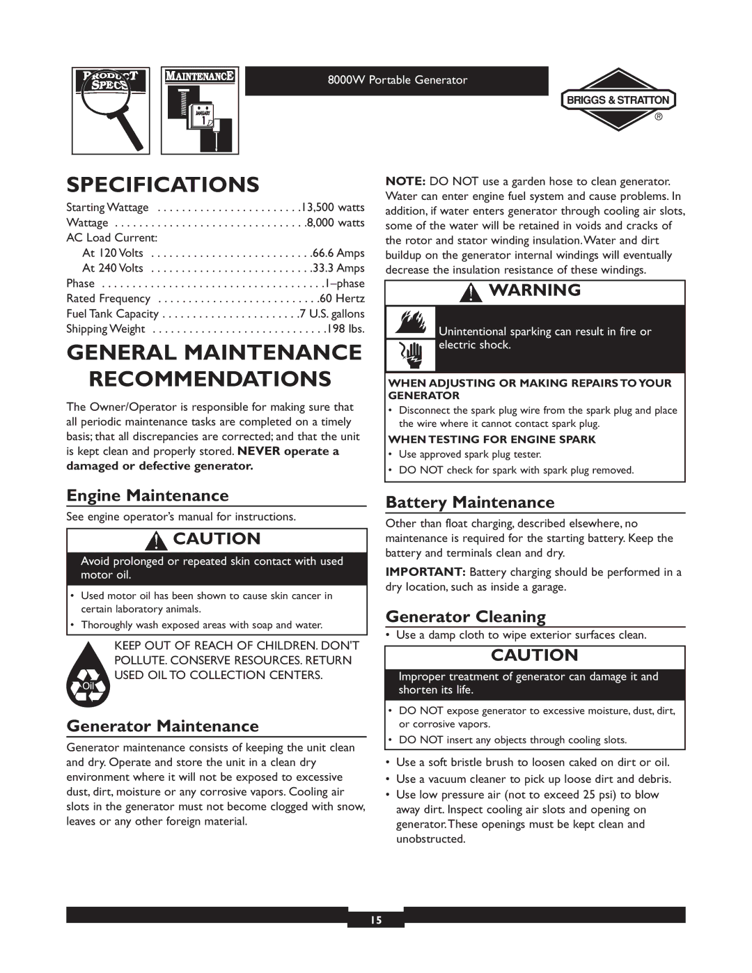 Briggs & Stratton 030210-2 manual Specifications, General Maintenance Recommendations 