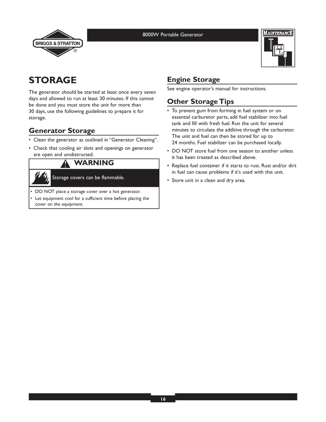 Briggs & Stratton 030210-2 manual Generator Storage, Engine Storage, Other Storage Tips 