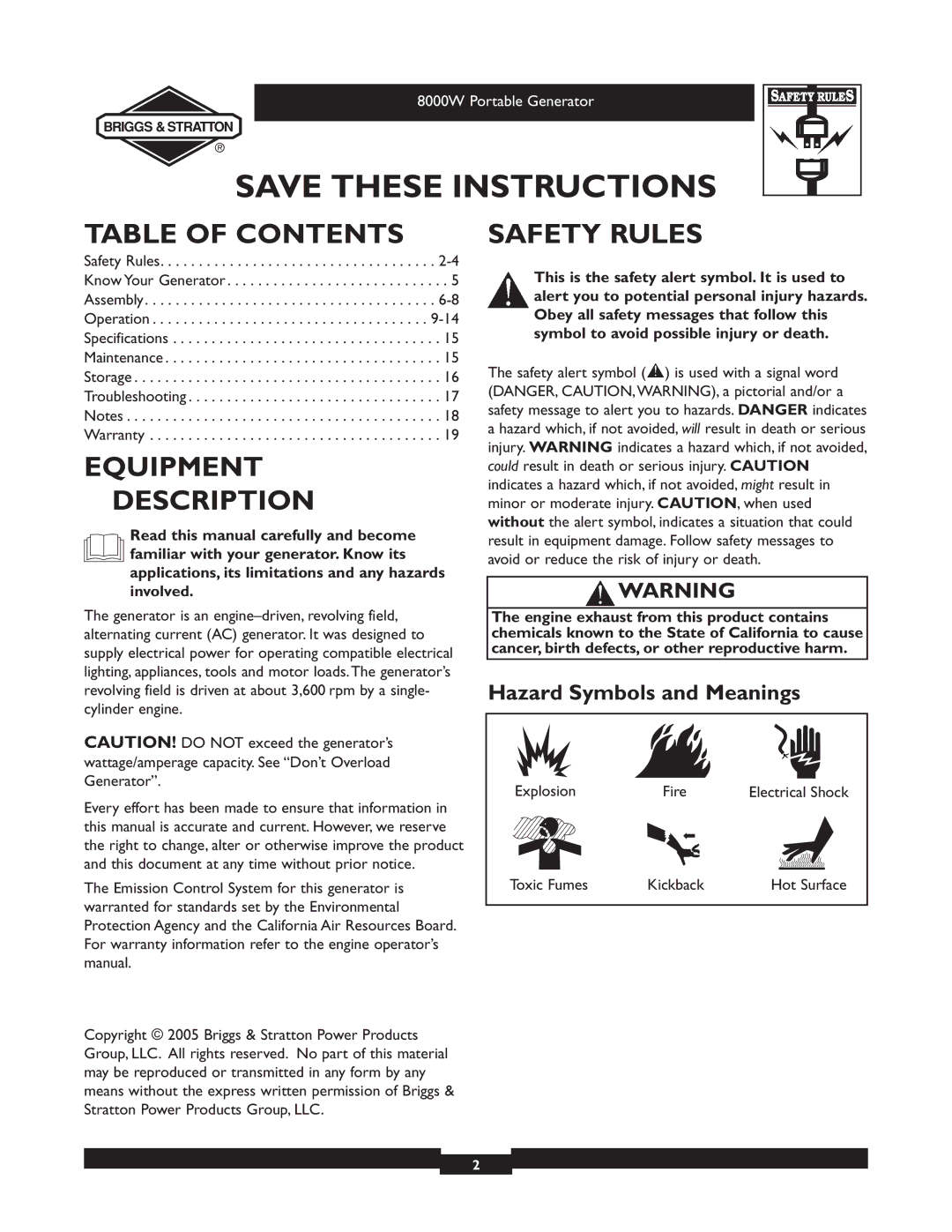 Briggs & Stratton 030210-2 manual Table of Contents, Equipment Description, Safety Rules 