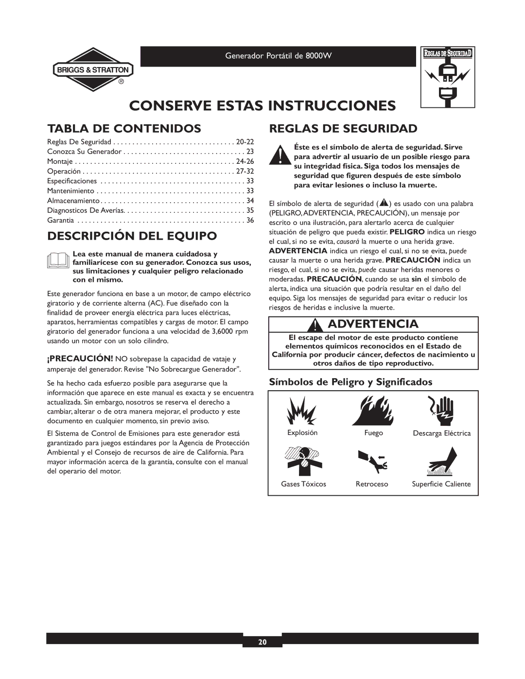 Briggs & Stratton 030210-2 manual Tabla DE Contenidos, Descripción DEL Equipo, Reglas DE Seguridad, Advertencia 