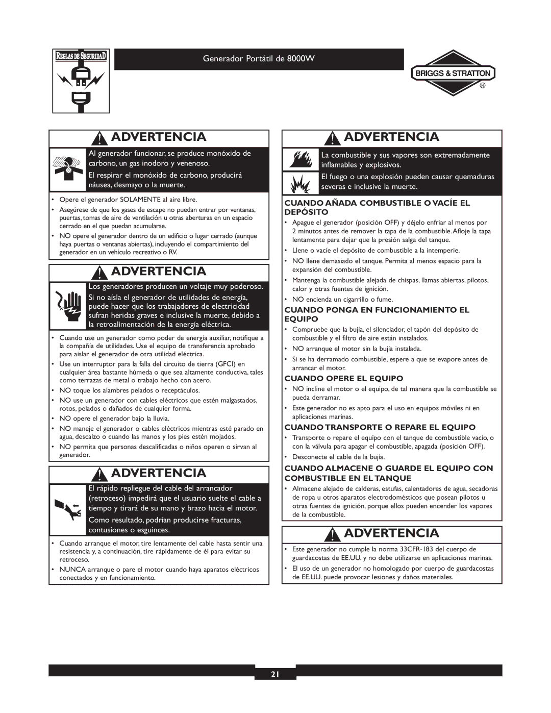 Briggs & Stratton 030210-2 manual Cuando Añada Combustible O Vacíe EL Depósito, Cuando Ponga EN Funcionamiento EL Equipo 