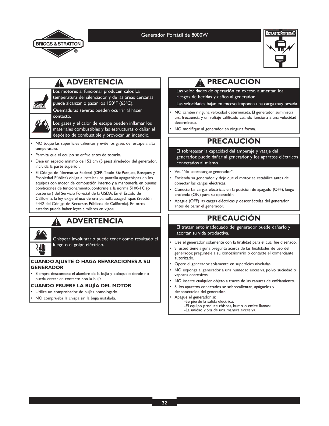 Briggs & Stratton 030210-2 Precaución, Cuando Ajuste O Haga Reparaciones a SU Generador, Cuando Pruebe LA Bujía DEL Motor 