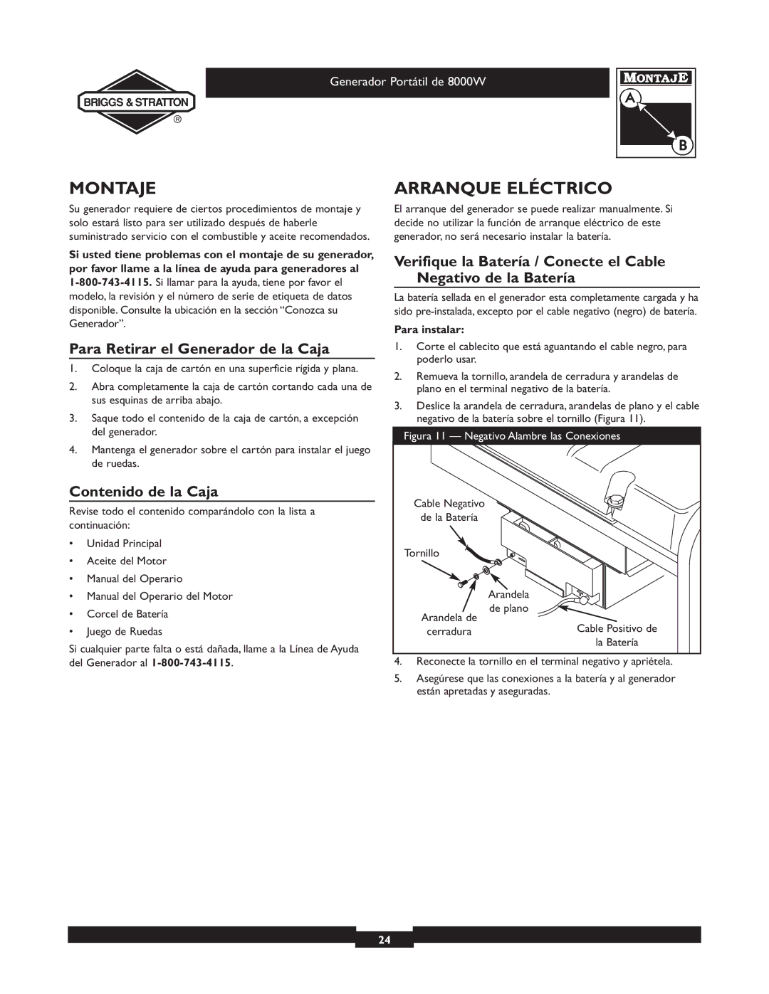 Briggs & Stratton 030210-2 manual Montaje, Arranque Eléctrico, Para Retirar el Generador de la Caja, Contenido de la Caja 