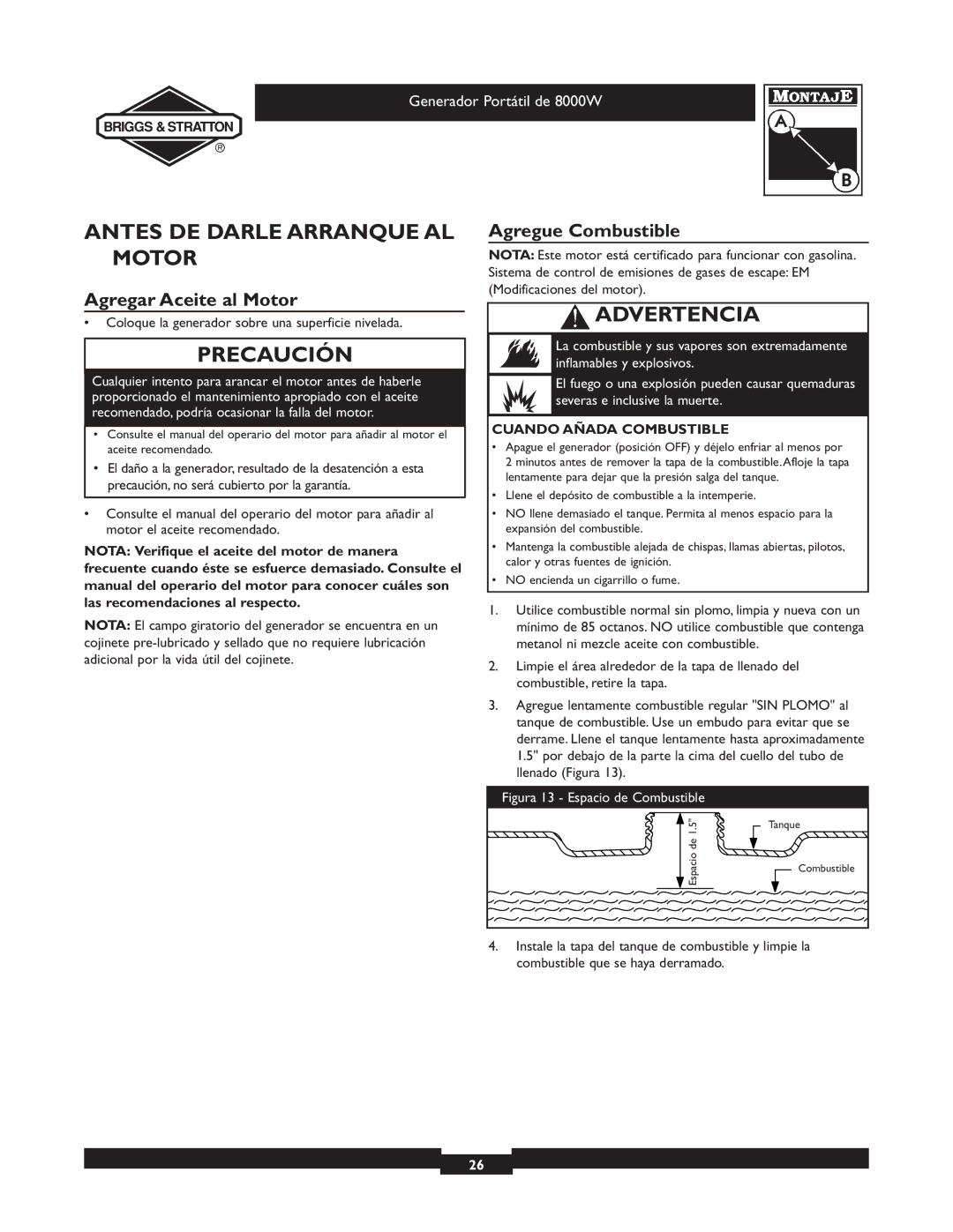 Briggs & Stratton 030210-2 manual Antes DE Darle Arranque AL Motor, Agregar Aceite al Motor, Agregue Combustible 