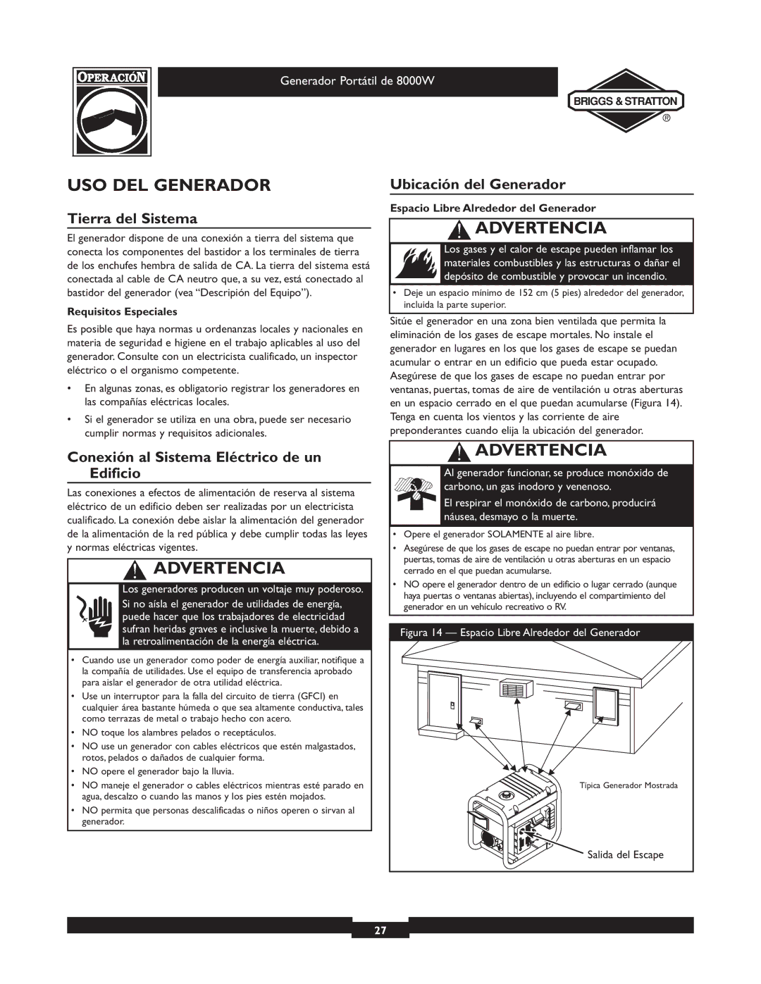 Briggs & Stratton 030210-2 manual USO DEL Generador, Tierra del Sistema, Ubicación del Generador 